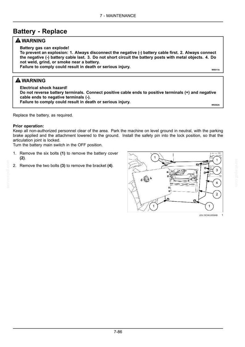 May include: Diagram from a maintenance manual detailing battery replacement. The image includes warnings about explosion and electrical shock hazards, along with numbered steps and labeled components like bolts and brackets. The text provides instructions for safe battery replacement.