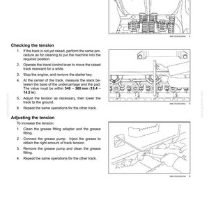 May include: Illustrations from a maintenance manual detailing procedures for checking and adjusting track tension. Includes measurements in millimetres and inches, and instructions for operating levers and using a grease pump.