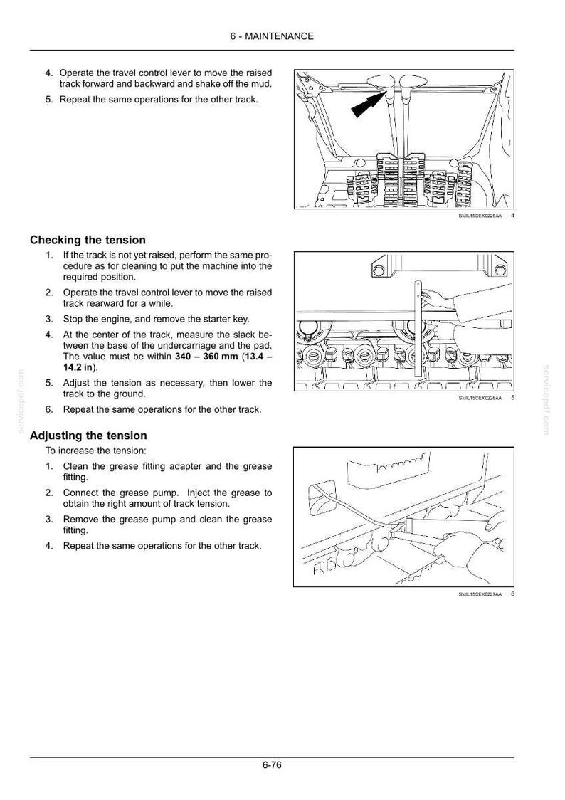 May include: Illustrations from a maintenance manual detailing procedures for checking and adjusting track tension. Includes measurements in millimetres and inches, and instructions for operating levers and using a grease pump.