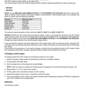 May include: A technical document page titled 7-MAINTENANCE regarding engine cooling systems. It details specifications for New Holland Ambra Agriflu and Actifull coolants, including a table of properties, mixing instructions, and procedures for changing coolant types.