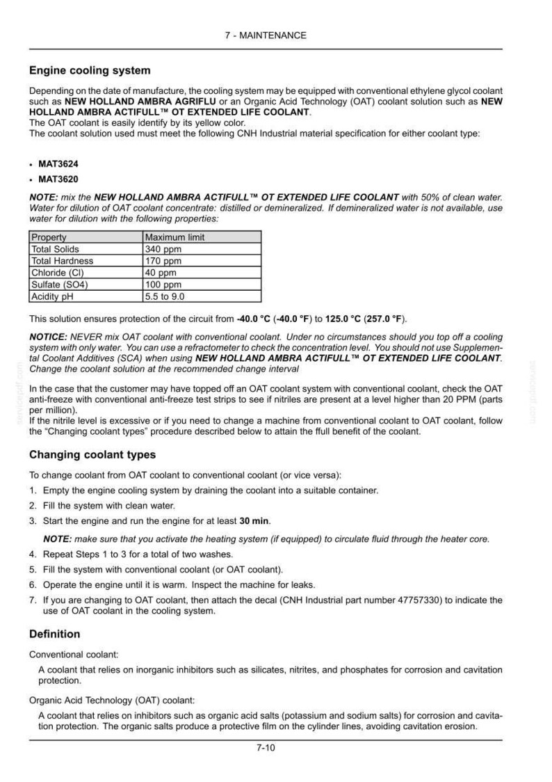 May include: A technical document page titled 7-MAINTENANCE regarding engine cooling systems. It details specifications for New Holland Ambra Agriflu and Actifull coolants, including a table of properties, mixing instructions, and procedures for changing coolant types.