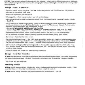 May include: A technical document page titled 7-MAINTENANCE, detailing tractor storage procedures. It includes instructions for storage durations of 3 to 6 months and over 6 months, covering battery care, coolant, and tire maintenance, ending with page number 7-124.