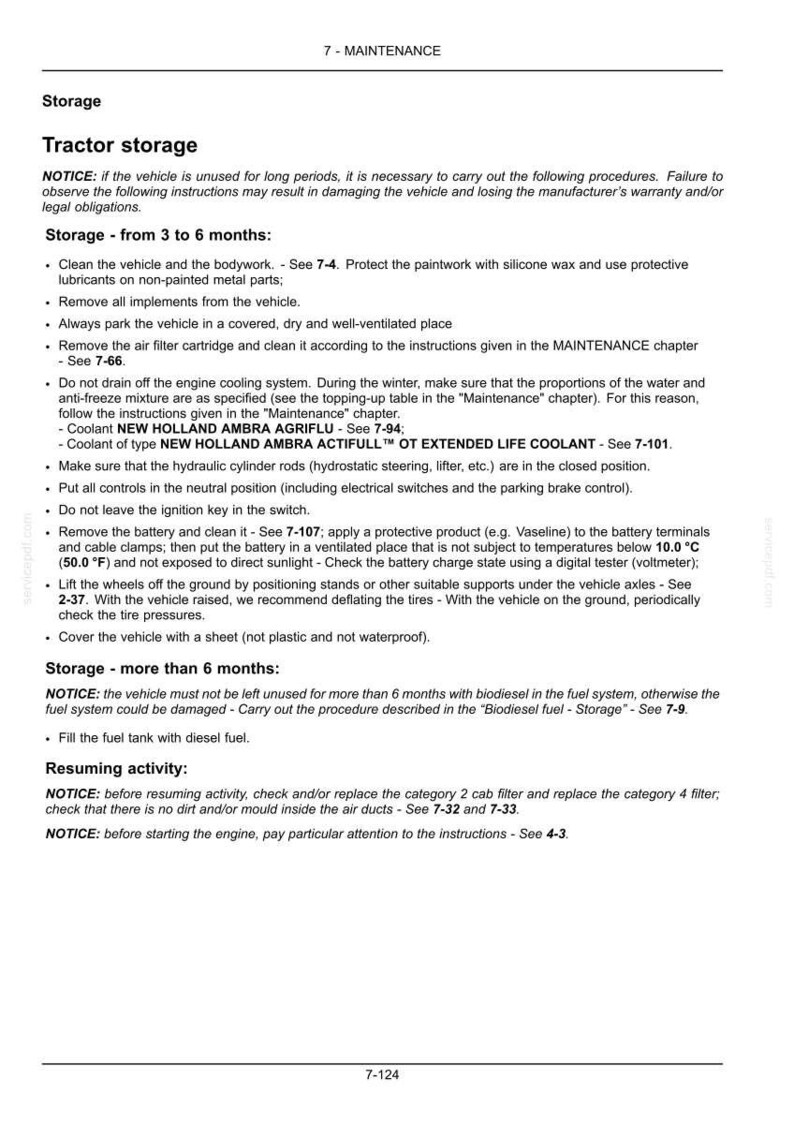 May include: A technical document page titled 7-MAINTENANCE, detailing tractor storage procedures. It includes instructions for storage durations of 3 to 6 months and over 6 months, covering battery care, coolant, and tire maintenance, ending with page number 7-124.