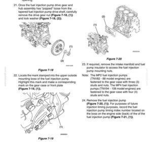 May include: Diagram of a fuel injection pump with detailed instructions for removal and maintenance. Includes close-up illustrations of components like gears, nuts, and washers, with labels and figure references for clarity. The image is from a Yanmar TNV DI Service Manual.
