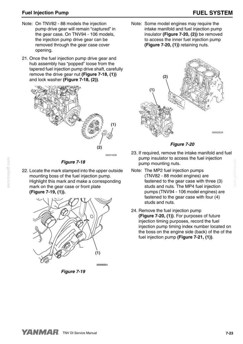 May include: Diagram of a fuel injection pump with detailed instructions for removal and maintenance. Includes close-up illustrations of components like gears, nuts, and washers, with labels and figure references for clarity. The image is from a Yanmar TNV DI Service Manual.