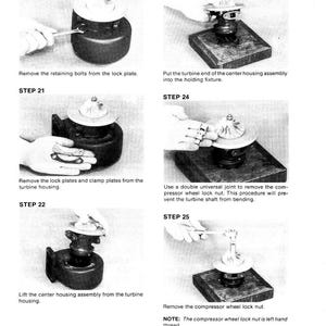 May include: A series of six black and white images illustrating the steps for disassembling a turbine housing. The images show hands using tools to remove bolts, plates, and nuts. Text accompanies each step, providing instructions for the process.