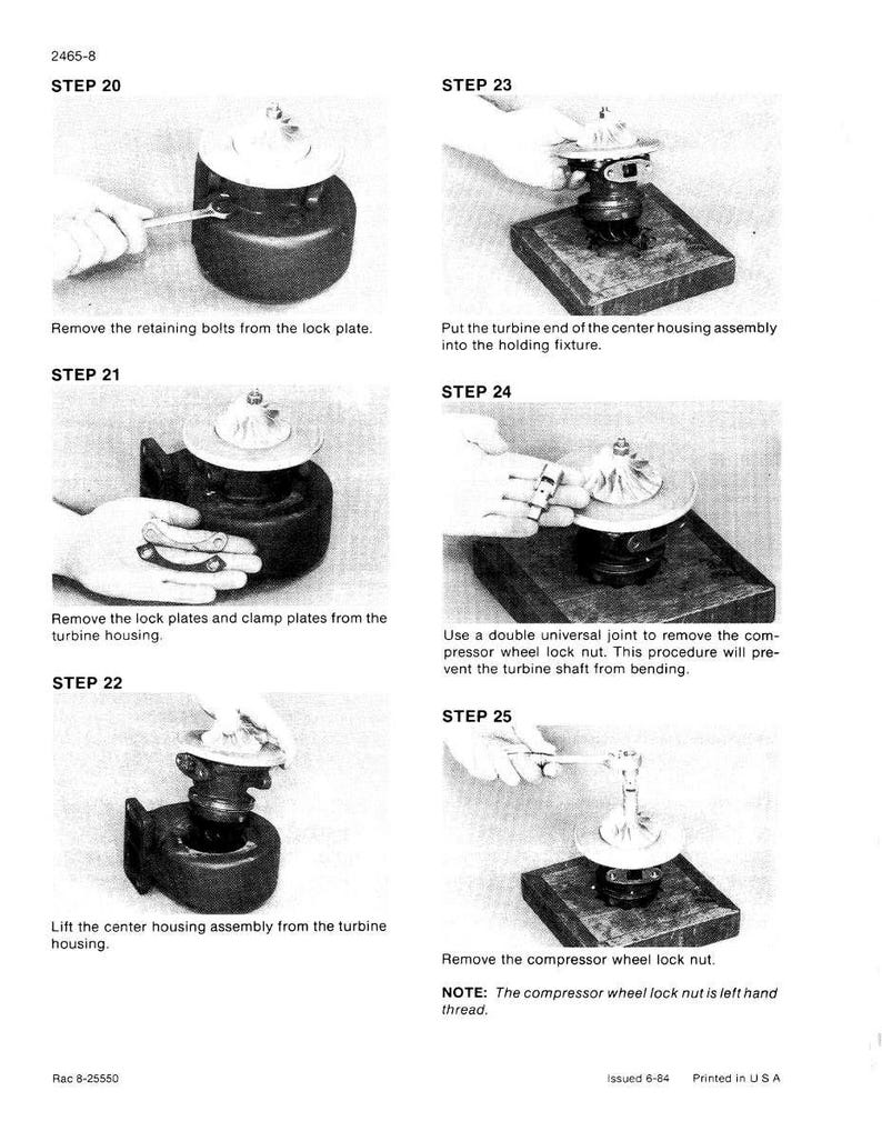 May include: A series of six black and white images illustrating the steps for disassembling a turbine housing. The images show hands using tools to remove bolts, plates, and nuts. Text accompanies each step, providing instructions for the process.