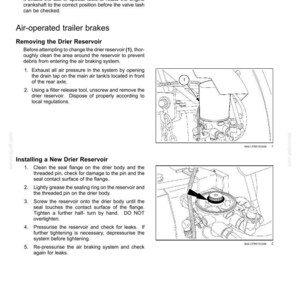 May include: A technical maintenance manual page titled 7-MAINTENANCE, featuring instructions for engine tappet valve clearance and air-operated trailer brakes. It includes two black and white line drawings showing the drier reservoir removal and installation.