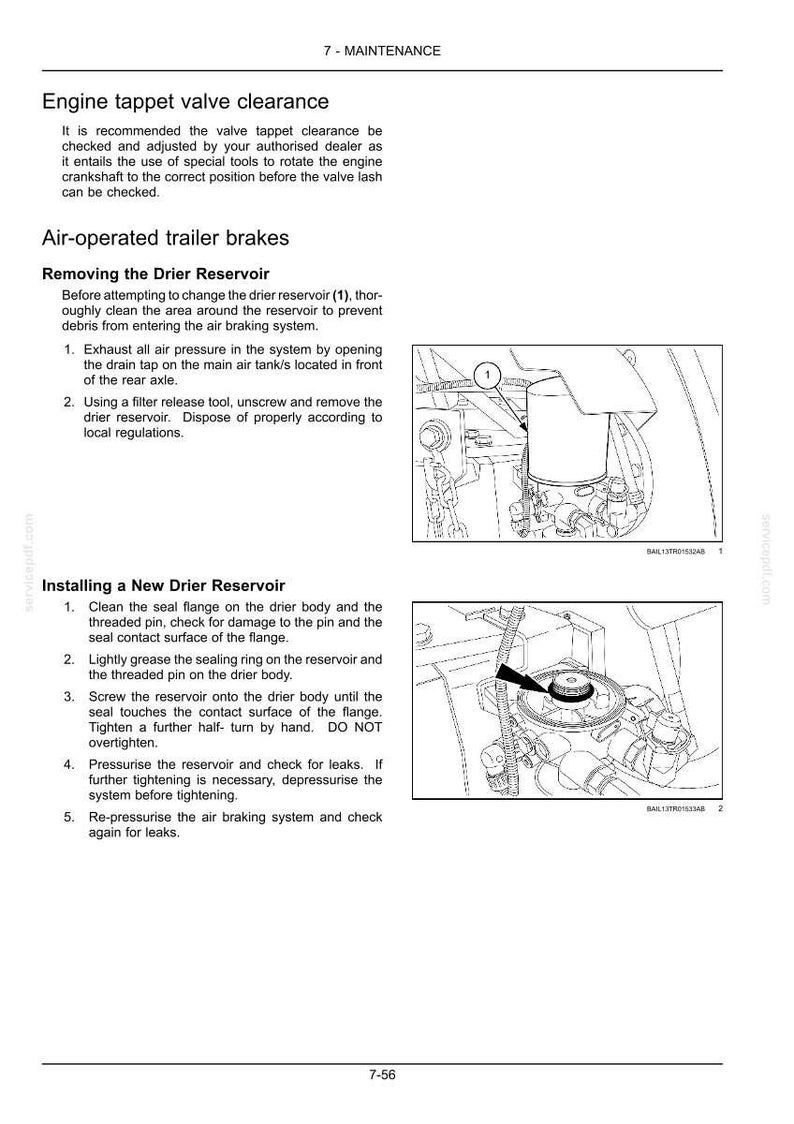 May include: A technical maintenance manual page titled 7-MAINTENANCE, featuring instructions for engine tappet valve clearance and air-operated trailer brakes. It includes two black and white line drawings showing the drier reservoir removal and installation.