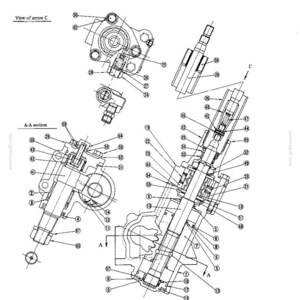 May include: Technical diagram of a mechanical assembly, labeled "CONSTRUCTION." The diagram is in black and white, featuring detailed line drawings of various components with numbered labels and cross-sectional views. Text includes "View of arrow C" and "A-A section."