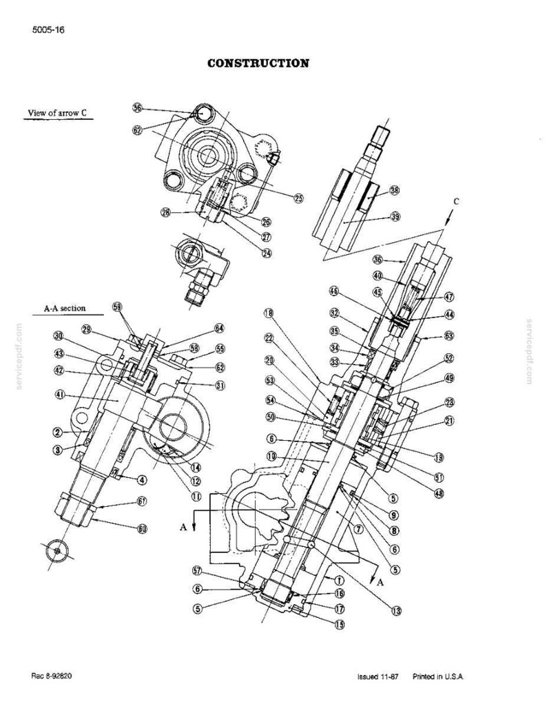 May include: Technical diagram of a mechanical assembly, labeled "CONSTRUCTION." The diagram is in black and white, featuring detailed line drawings of various components with numbered labels and cross-sectional views. Text includes "View of arrow C" and "A-A section."