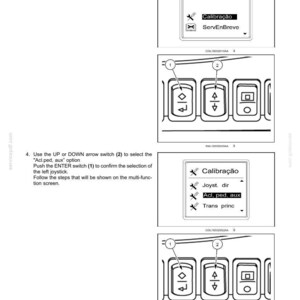 May include: A technical manual page titled 3-CONTROLS AND INSTRUMENTS showing two sets of instructions for a machine interface. It includes diagrams of switches labeled 1 and 2, and two digital screens displaying menu options like Calibra&ccedil;&atilde;o.