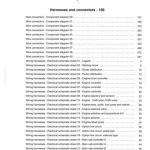 May include: Index page from a manual, titled "Electrical systems - 55." The page lists "Harnesses and connectors - 100" with various wire connectors and wiring harnesses, including engine and sensor components. The page includes a date and version number.