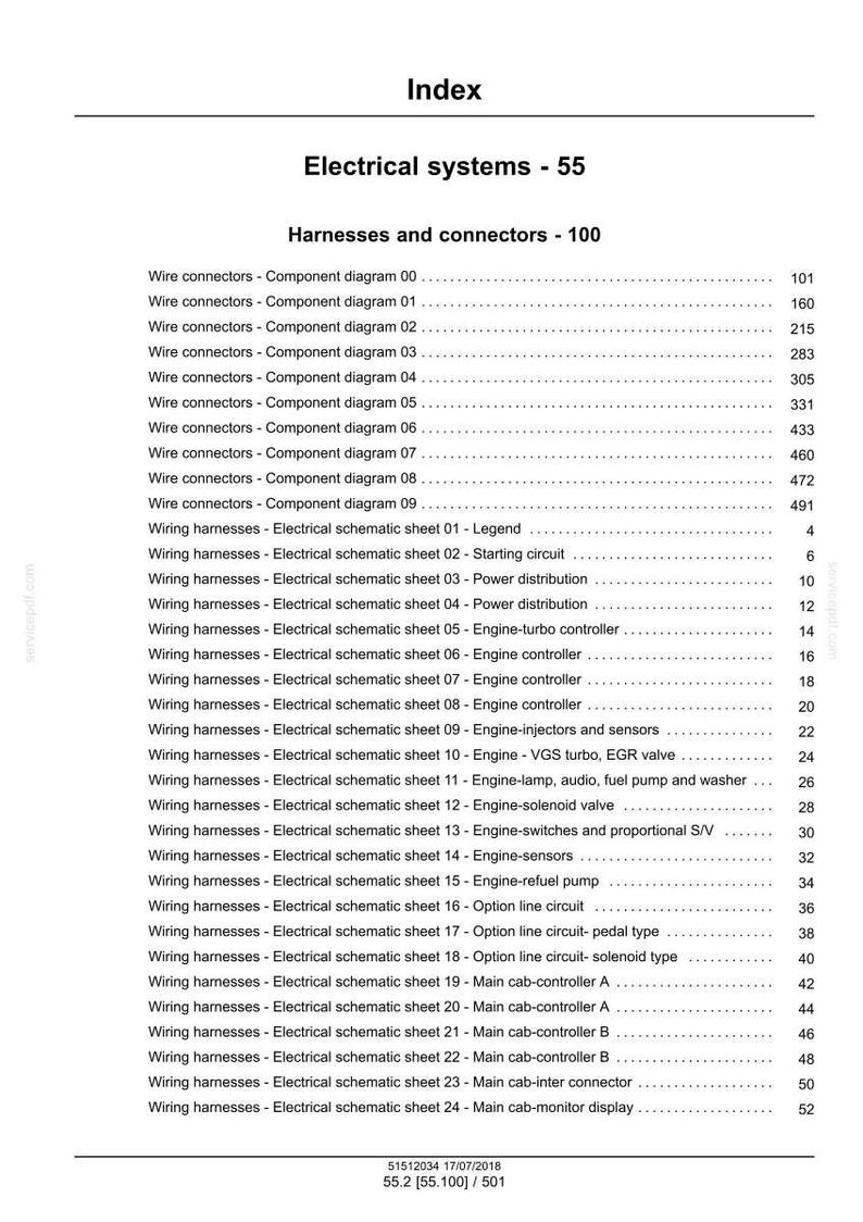 May include: Index page from a manual, titled "Electrical systems - 55." The page lists "Harnesses and connectors - 100" with various wire connectors and wiring harnesses, including engine and sensor components. The page includes a date and version number.