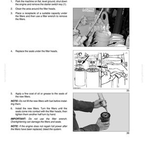 Może przedstawiać: Strona z instrukcji technicznej zatytułowana SECTION 4 - SERVICING INTERVALS/LUBRICATION/FLUIDS, zawierająca instrukcje wymiany filtr&oacute;w paliwa. Zawiera trzy czarno-białe schematy przedstawiające elementy silnika, głowice filtr&oacute;w oraz nakładanie oleju na uszczelkę nowego filtra.