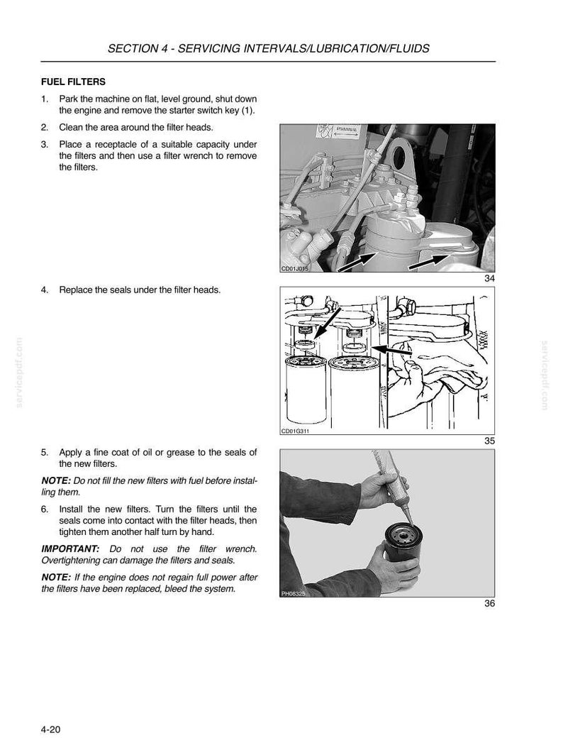 Może przedstawiać: Strona z instrukcji technicznej zatytułowana SECTION 4 - SERVICING INTERVALS/LUBRICATION/FLUIDS, zawierająca instrukcje wymiany filtr&oacute;w paliwa. Zawiera trzy czarno-białe schematy przedstawiające elementy silnika, głowice filtr&oacute;w oraz nakładanie oleju na uszczelkę nowego filtra.