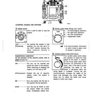 May include: A technical diagram titled OPERATING CONTROLS showing a machinery operator seat and console. It details the Starter switch, K.P.S.S. work mode change over switch, and Variable loading mode switch with explanatory text for each function.