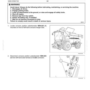 May include: Diagram from a manual detailing the removal of a concave position potentiometer Sen-223. The image includes a warning section and diagrams of the machine's components. The text includes instructions and safety precautions for maintenance.