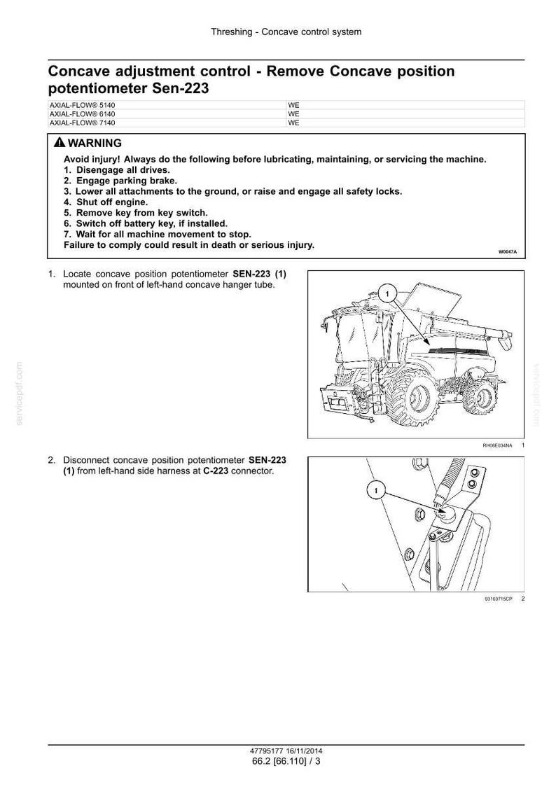 May include: Diagram from a manual detailing the removal of a concave position potentiometer Sen-223. The image includes a warning section and diagrams of the machine's components. The text includes instructions and safety precautions for maintenance.