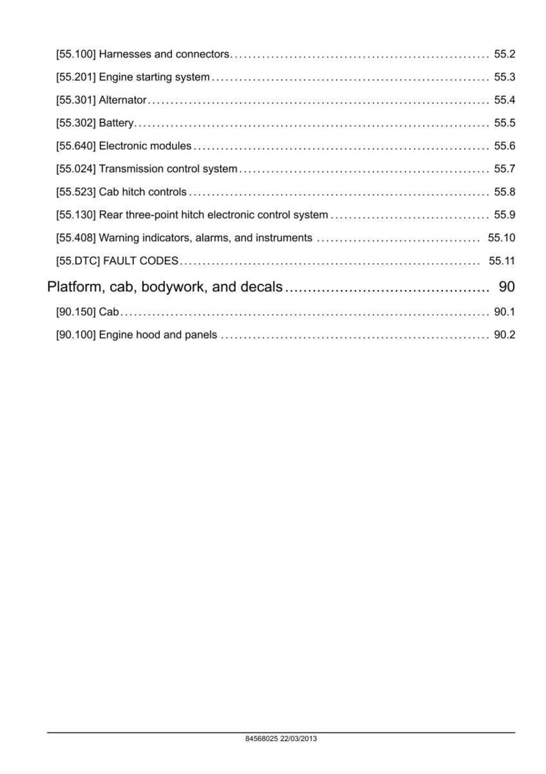 May include: A detailed page from a manual, listing various vehicle components and systems. Includes sections on harnesses, engine starting, battery, electronic modules, and more. The document is dated 22/03/2013.