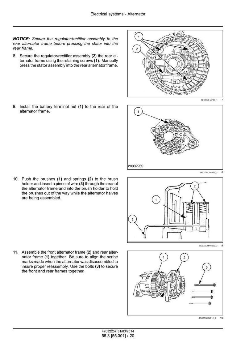 May include: Diagrams illustrating the assembly of an alternator, with numbered components and text instructions. Includes detailed views of the regulator/rectifier assembly, brush holder, and front and rear alternator frames. The diagrams are in black and white.