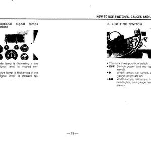 Może przedstawiać: Strona z instrukcji zatytułowana HOW TO USE SWITCHES, GAUGES AND LAMPS. Zawiera schematy dla 2-(5) Directional signal lamps oraz 3. LIGHTING SWITCH, wraz z tekstem wyjaśniającym działanie kierunkowskaz&oacute;w oraz tr&oacute;jpozycyjnego przełącznika świateł.