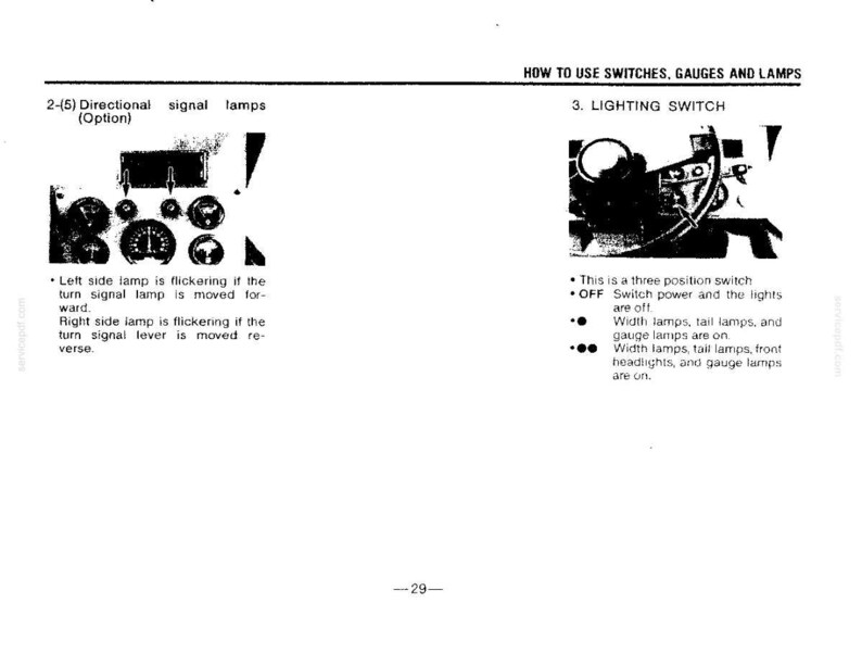 Może przedstawiać: Strona z instrukcji zatytułowana HOW TO USE SWITCHES, GAUGES AND LAMPS. Zawiera schematy dla 2-(5) Directional signal lamps oraz 3. LIGHTING SWITCH, wraz z tekstem wyjaśniającym działanie kierunkowskaz&oacute;w oraz tr&oacute;jpozycyjnego przełącznika świateł.