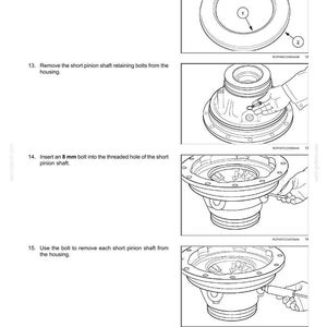 Op de afbeelding: Diagram van een achterassysteem met instructies. De afbeelding toont een achterste kegelwielstel en differentieel. Stappen omvatten het inspecteren van afdichtingen, het verwijderen van bouten, het plaatsen van een 8 mm bout en het verwijderen van de korte rondselas.