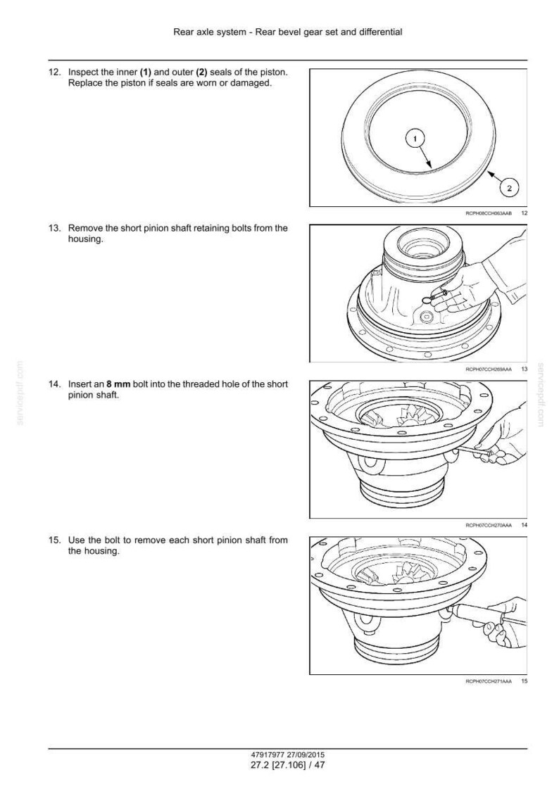 Op de afbeelding: Diagram van een achterassysteem met instructies. De afbeelding toont een achterste kegelwielstel en differentieel. Stappen omvatten het inspecteren van afdichtingen, het verwijderen van bouten, het plaatsen van een 8 mm bout en het verwijderen van de korte rondselas.