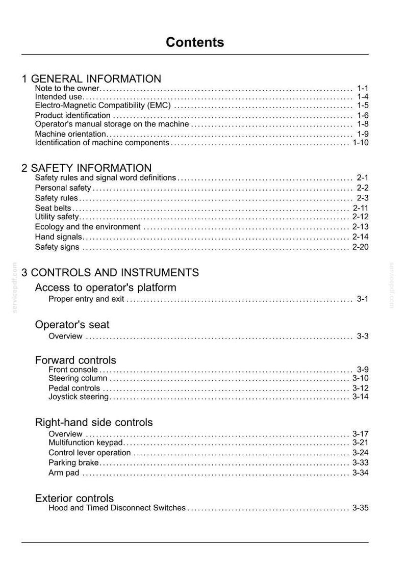 May include: A page from a manual titled "Contents" with a list of topics and page numbers. Sections include General Information, Safety Information, and Controls and Instruments. The text is black on a white background.