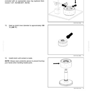 K&ouml;nnte beinhalten: Diagramm der internen Komponenten des Getriebes mit Textanweisungen. Enth&auml;lt Messungen in Millimetern und Celsius. Das Bild zeigt den Zusammenbau der Teile, einschlie&szlig;lich des Scheibenspiels und des Erhitzens der Kupplung.