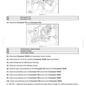 May include: Diagram illustrating electrical system fault codes, detailing Connector TS1 and TS2, and troubleshooting steps. Includes diagrams of modules and connectors, with numbered instructions for diagnosis and repair.