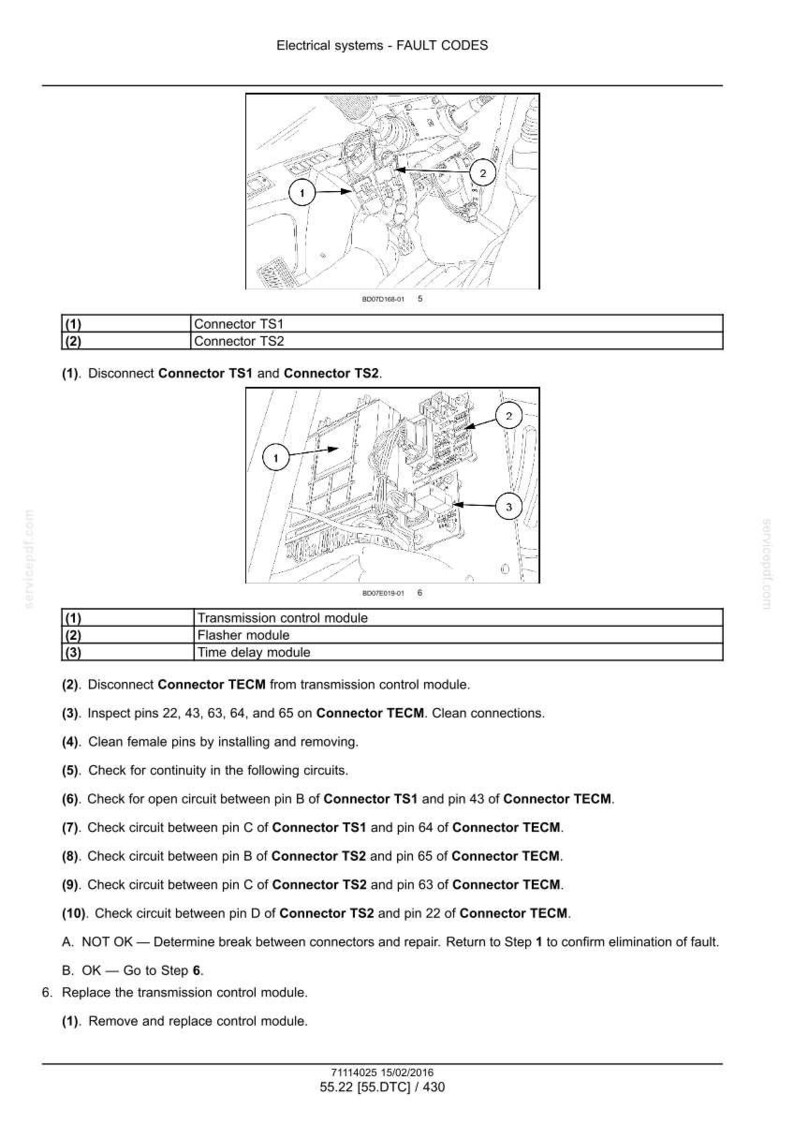 May include: Diagram illustrating electrical system fault codes, detailing Connector TS1 and TS2, and troubleshooting steps. Includes diagrams of modules and connectors, with numbered instructions for diagnosis and repair.