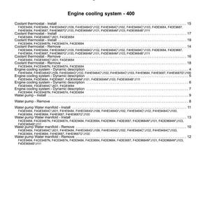 May include: An index page titled "Index" with the heading "Engine - 10" and subheading "Engine cooling system - 400." The page lists various engine components like coolant thermostats and water pumps, with associated part numbers.