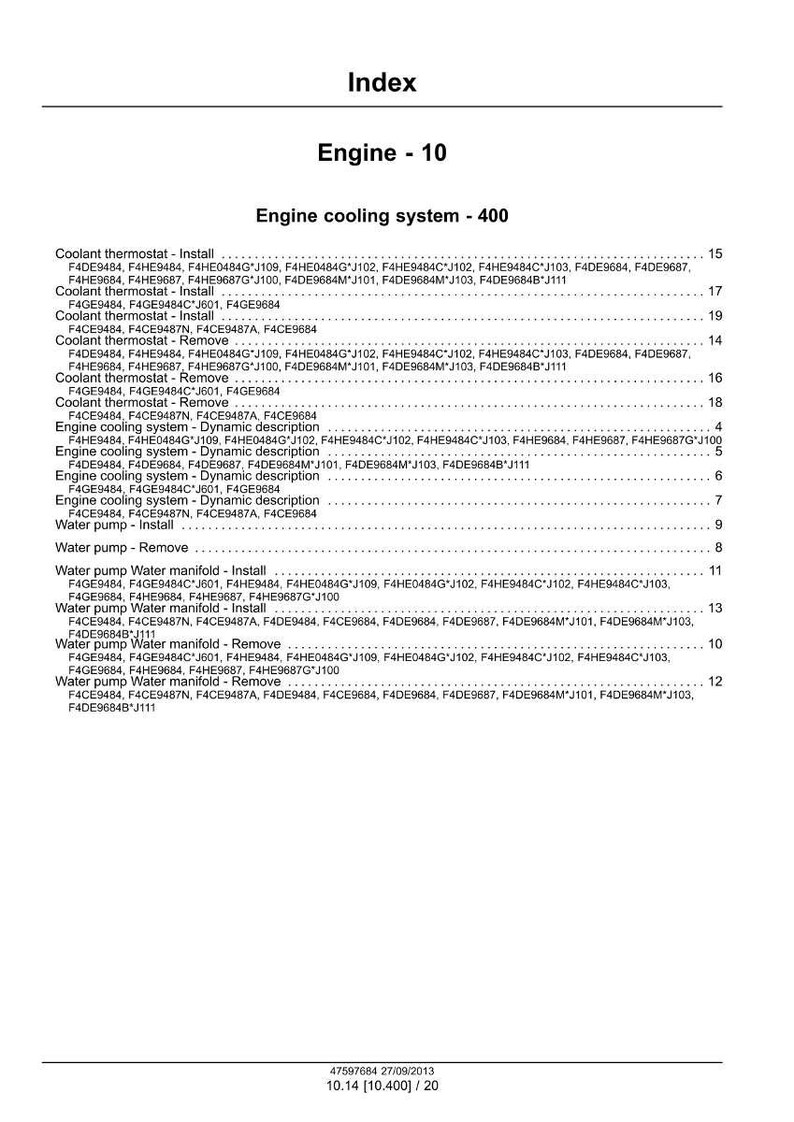 May include: An index page titled "Index" with the heading "Engine - 10" and subheading "Engine cooling system - 400." The page lists various engine components like coolant thermostats and water pumps, with associated part numbers.