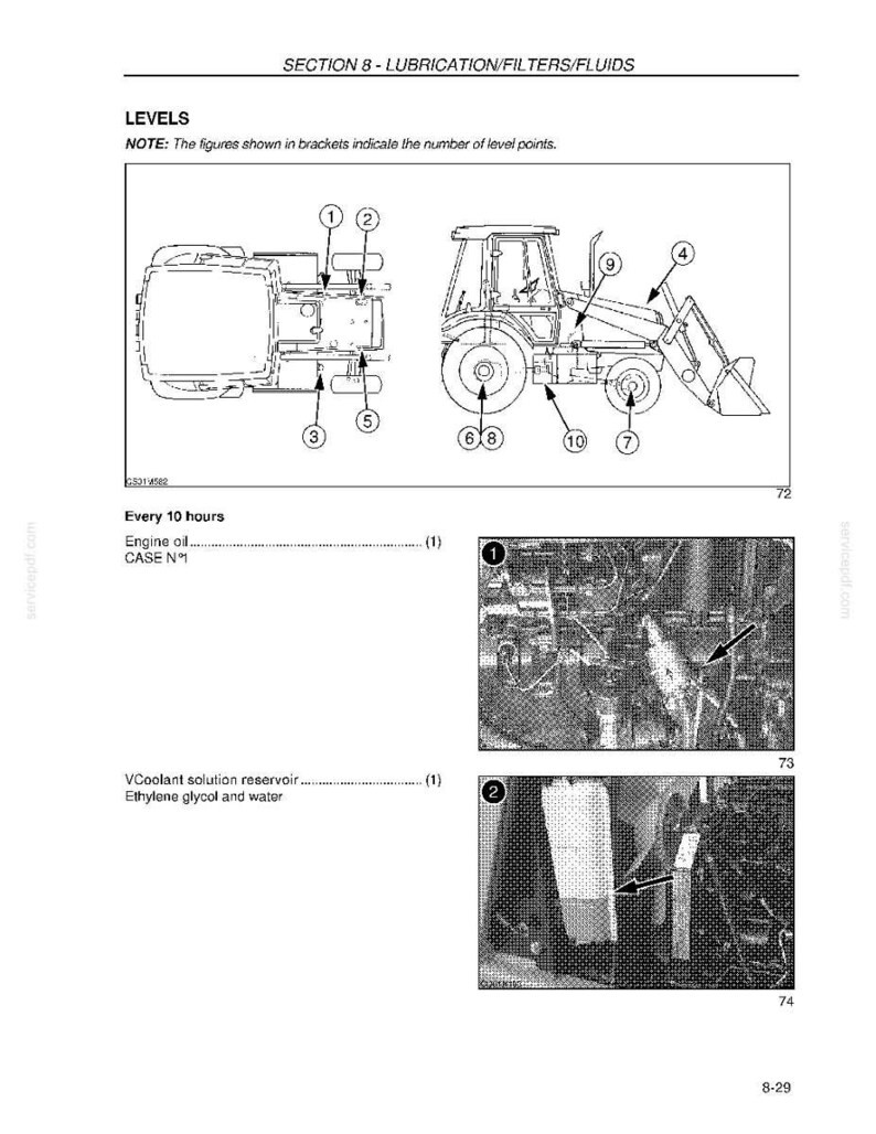 May include: Diagram of a tractor with labeled parts for lubrication and fluid levels. The image includes top and side views of the tractor, with numbered points indicating level locations. Text includes "SECTION 8 - LUBRICATION/FILTERS/FLUIDS" and "LEVELS."