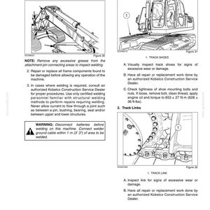 May include: A technical manual page titled Chapter 6 Maintenance and Adjustments for construction machinery. It features black and white line drawings of an excavator frame, track shoes, and track links with numbered labels and instructional text.