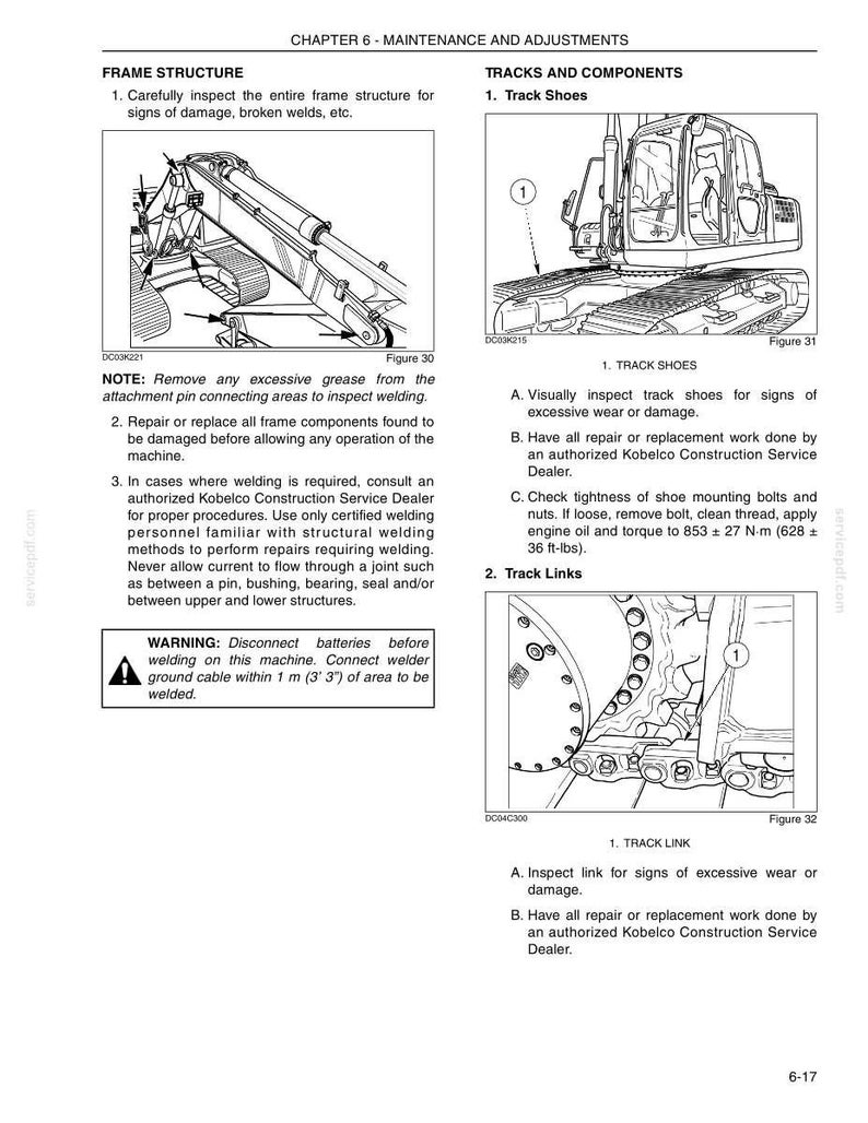May include: A technical manual page titled Chapter 6 Maintenance and Adjustments for construction machinery. It features black and white line drawings of an excavator frame, track shoes, and track links with numbered labels and instructional text.