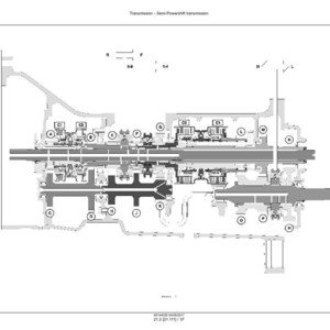 May include: Detailed technical diagram of a semi-powershift transmission, rendered in grayscale. The diagram shows the internal components and their arrangement, with labels and annotations. The image is a schematic representation of the transmission's design.