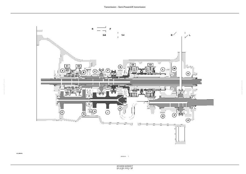 May include: Detailed technical diagram of a semi-powershift transmission, rendered in grayscale. The diagram shows the internal components and their arrangement, with labels and annotations. The image is a schematic representation of the transmission's design.