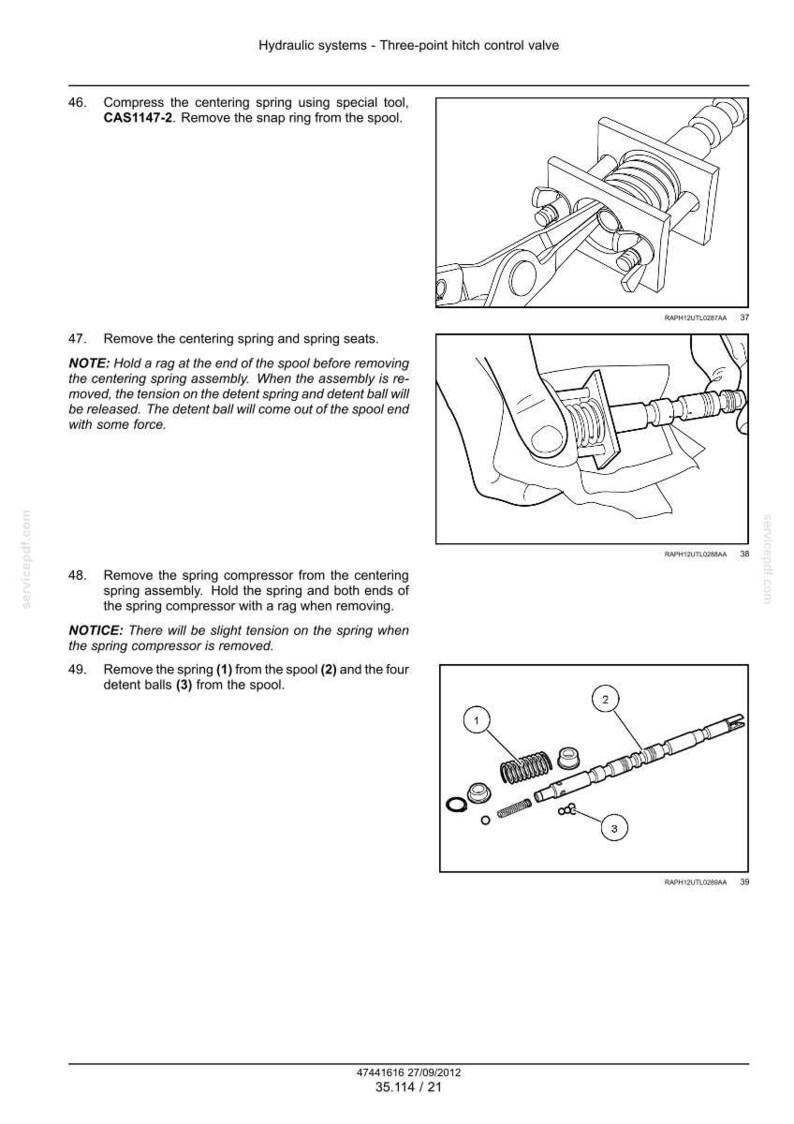 May include: Diagram showing hydraulic system components, including a spring, spool, and detent balls. The image includes numbered parts and text instructions for assembly and disassembly. The diagram is in black and white.