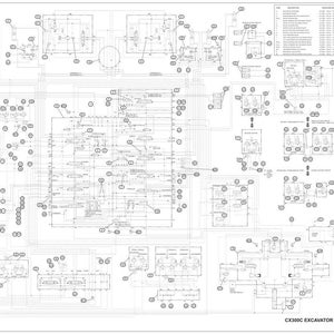 May include: A detailed black and white hydraulic schematic diagram for a CX300C excavator. The diagram includes numerous interconnected components, lines, and labels, with a legend in the lower right corner. Text at the bottom reads "CX300C EXCAVATOR - HYDRAULIC SCHEMATIC".
