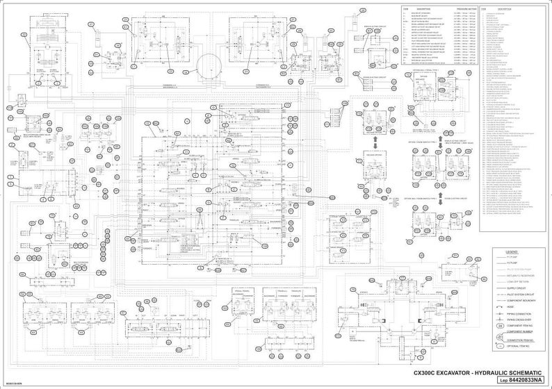 May include: A detailed black and white hydraulic schematic diagram for a CX300C excavator. The diagram includes numerous interconnected components, lines, and labels, with a legend in the lower right corner. Text at the bottom reads "CX300C EXCAVATOR - HYDRAULIC SCHEMATIC".
