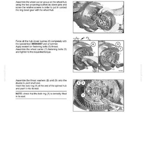 Puede incluir: P&aacute;gina de manual con diagramas e instrucciones para el montaje de un eje trasero. El texto incluye "SECTION 27 - REAR AXLE". Los diagramas muestran el grupo portarrueda, los casquillos de cubo y las arandelas de empuje.
