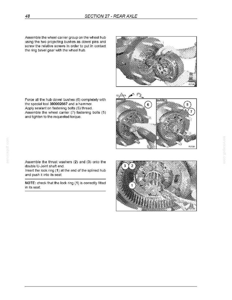 Puede incluir: P&aacute;gina de manual con diagramas e instrucciones para el montaje de un eje trasero. El texto incluye "SECTION 27 - REAR AXLE". Los diagramas muestran el grupo portarrueda, los casquillos de cubo y las arandelas de empuje.
