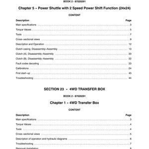 Puede incluir: Una p&aacute;gina de manual impresa con los t&iacute;tulos "SECTION 21 - FRONT TRANSMISSION" y "SECTION 23 - 4WD TRANSFER BOX." El contenido incluye t&iacute;tulos de cap&iacute;tulos, descripciones y n&uacute;meros de p&aacute;gina, centrado en componentes mec&aacute;nicos.