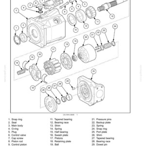 Puede incluir: Diagrama detallado de una bomba de desplazamiento variable, que muestra sus componentes. Las piezas etiquetadas incluyen el cuerpo principal, los pistones, los cojinetes y la v&aacute;lvula de control. Ilustraci&oacute;n t&eacute;cnica para sistemas hidr&aacute;ulicos.