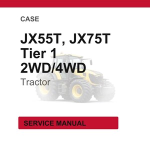 Puede incluir: Imagen de un tractor amarillo y negro, con el texto "JX55T, JX75T Tier 1 2WD/4WD Tractor". Un rect&aacute;ngulo rojo en la parte inferior dice "SERVICE MANUAL". El tractor est&aacute; centrado sobre un fondo blanco.