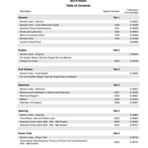 May include: A white and gray service manual for the 845-865-885 Grader, with a table of contents. The manual includes sections on general information, engine, fuel system, electrical, steering, and power train. Copyright 2003.