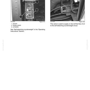 May include: A grayscale image from a manual showing a control panel labeled "Counterweight Removal Device" with buttons for ON/OFF, RAISE/LOWER, and UP/DOWN. The image also includes a diagram of a valve.